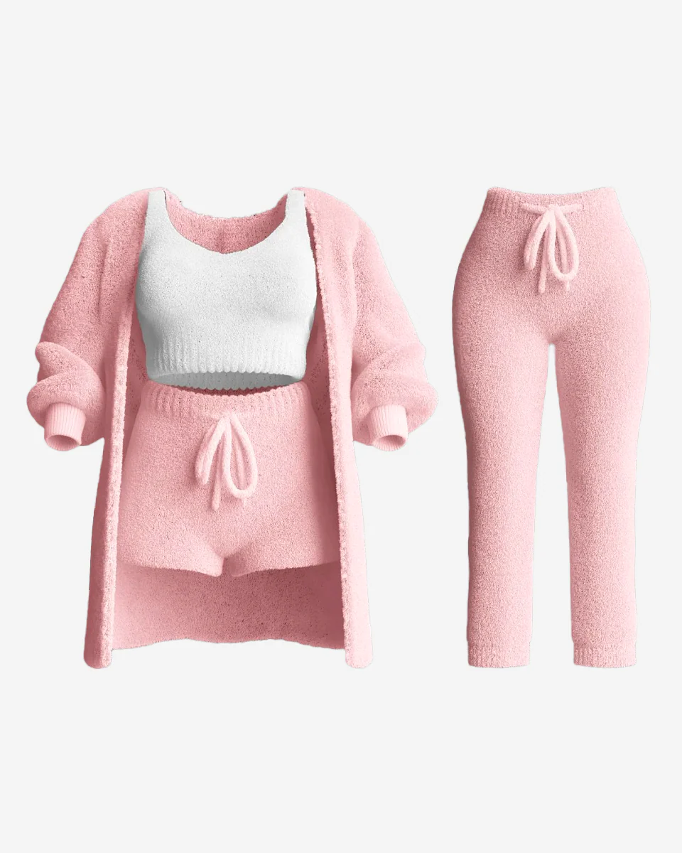 COZURA - Cozy Knit Loungewear Set – Soft 3-Piece Cardigan, Tank & Shorts
