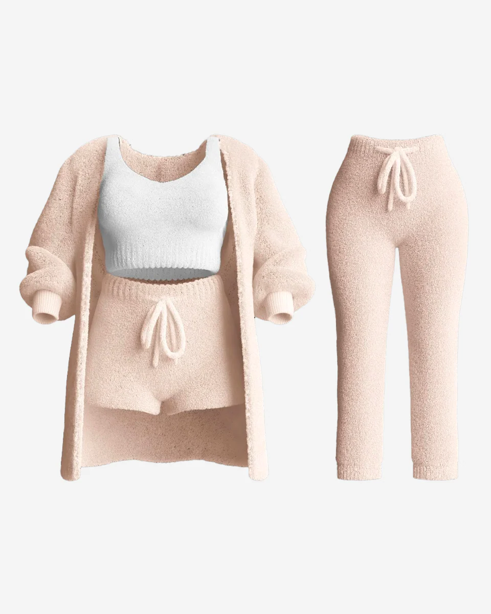COZURA - Cozy Knit Loungewear Set – Soft 3-Piece Cardigan, Tank & Shorts