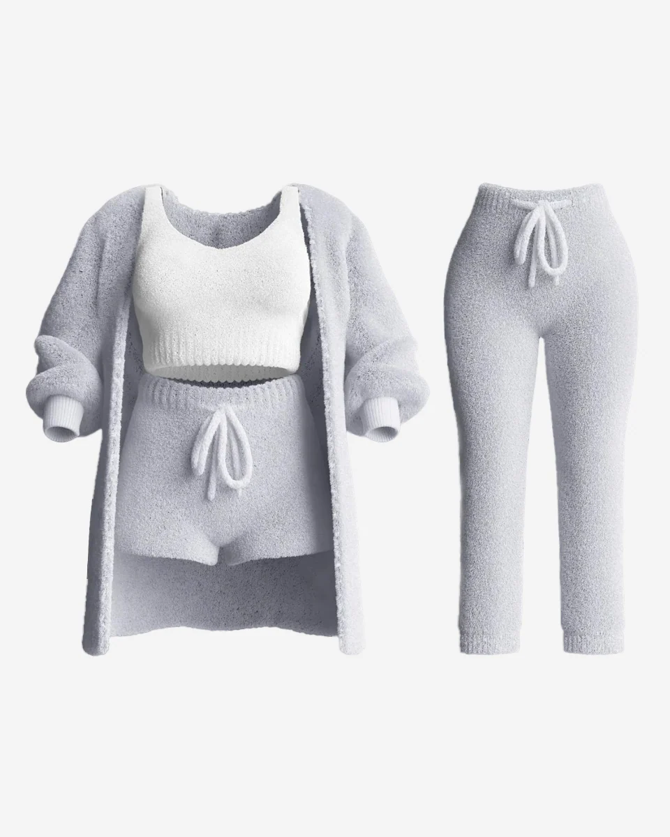 COZURA - Cozy Knit Loungewear Set – Soft 3-Piece Cardigan, Tank & Shorts