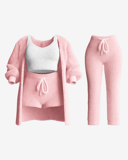 COZURA - Cozy Knit Loungewear Set – Soft 3-Piece Cardigan, Tank & Shorts